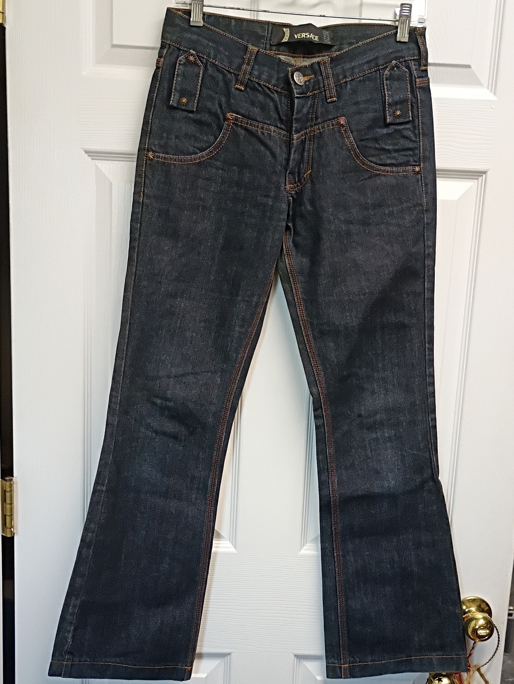 Versace Women's Dark Indigo Wide-Leg Jeans with Contrast Stitching